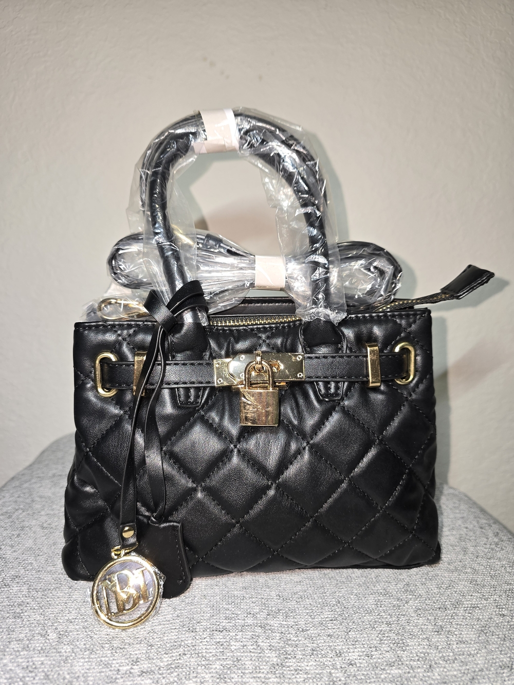 Badgley Mischka Black Quilted Mini Top-Handle Bag with Gold Hardware